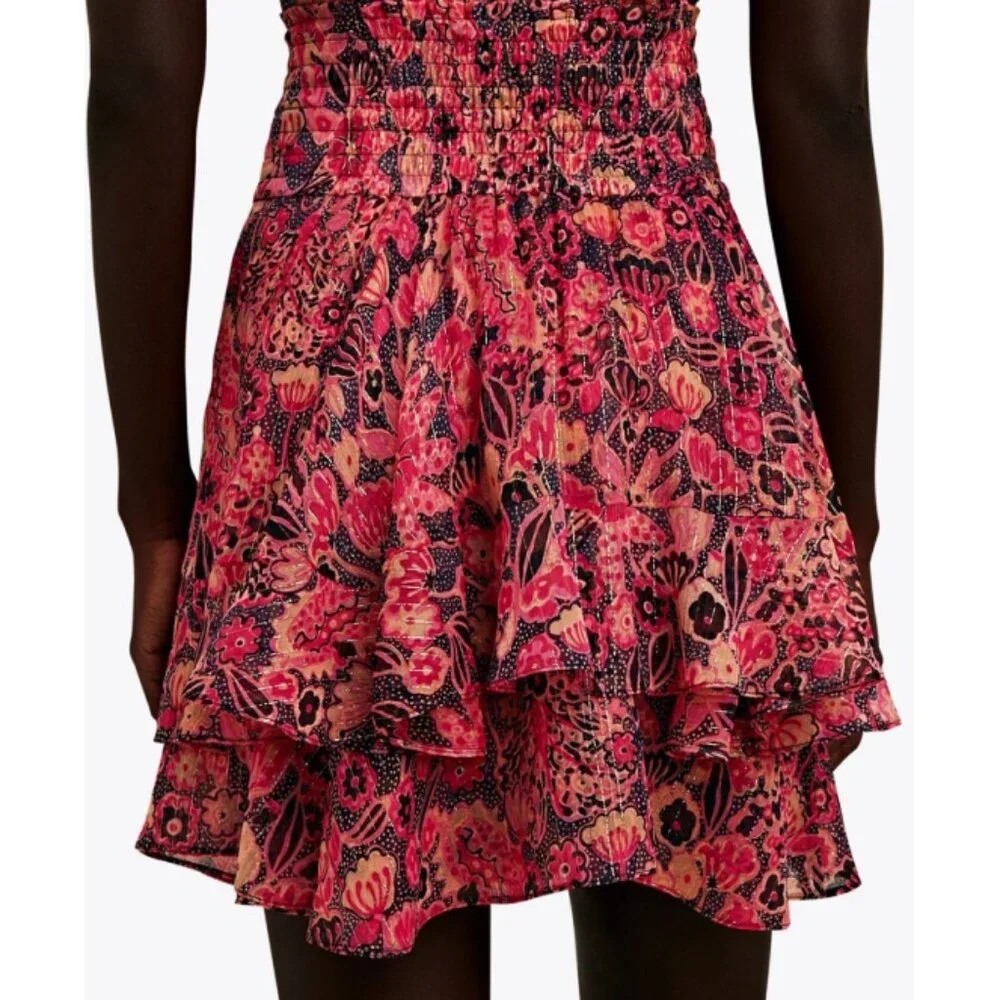 NEW ALC Vera Ruffled Floral Mini Skirt Pink Floral Gold High-Waist Rise Smocked